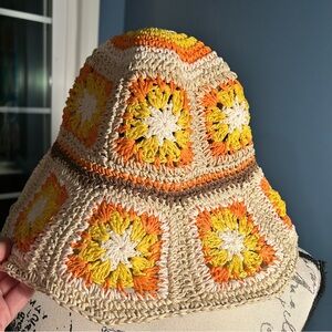 Steve Madden Granny Square Crochet Straw Bucket Hat